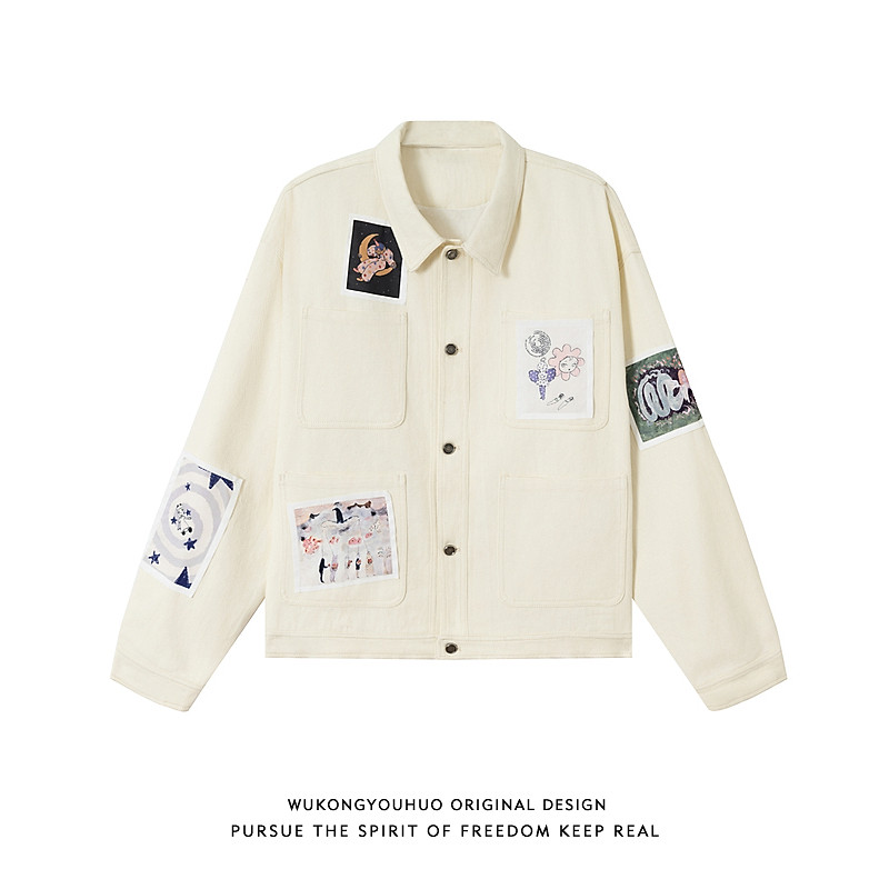 悟空有货春季复古小众贴布翻领浅色外套男女潮牌宽松做旧情侣夹克,男装,夹克,淘宝优惠券,粉丝福利购,淘宝优惠卷