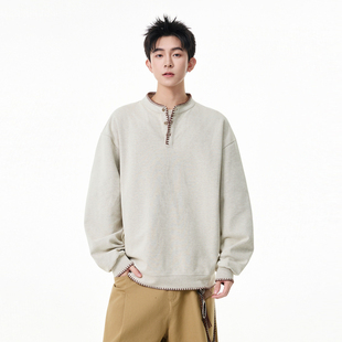 悟空有货复古手缝线亨利领卫衣男女2026春季潮牌情侣宽松百搭上衣