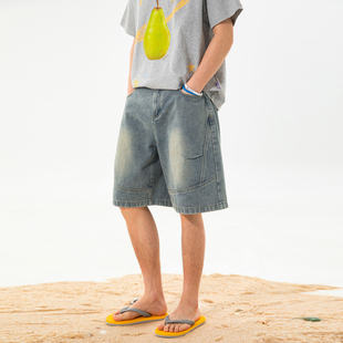 宽松百搭休闲短裤 悟空有货潮牌水洗做旧直筒牛仔五分裤 男复古夏季