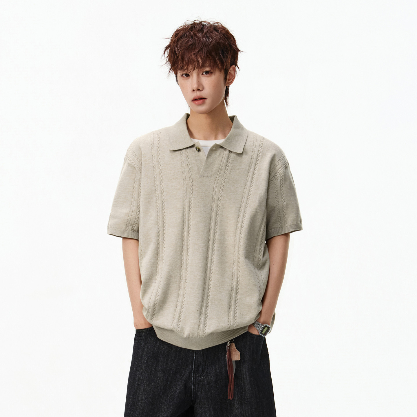 悟空有货夏季复古麦穗纹理针织短袖POLO衫男潮牌宽松情侣休闲上衣