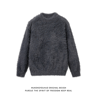 上衣 慵懒宽松情侣针织衫 悟空有货美式 复古马海毛圆领毛衣男女秋季