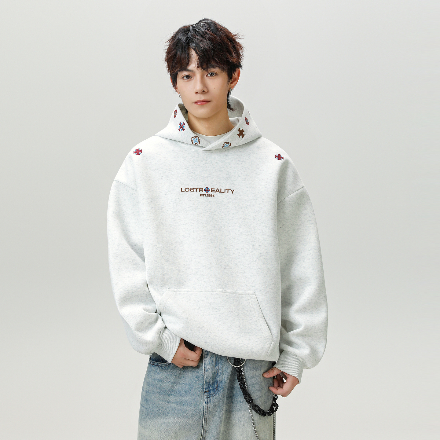 潮牌复古民族风刺绣运动连帽卫衣