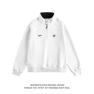 悟空有货美式复古半拉链立领运动卫衣男宽松休闲潮牌情侣套头上衣
