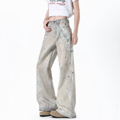 男潮牌复古宽松百搭拖地长裤 悟空有货美式 链条蕾丝印花微喇牛仔裤