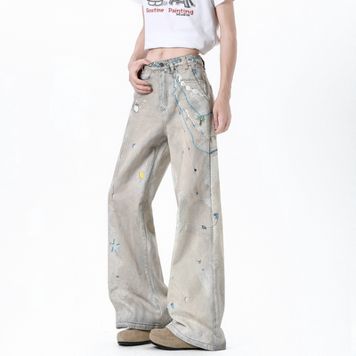 美式链条蕾丝印花微喇牛仔裤男