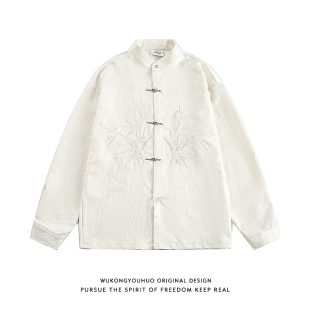 衬衫 刺绣飞机扣长袖 男女潮牌复古情侣休闲衬衣 新中式 悟空有货秋季