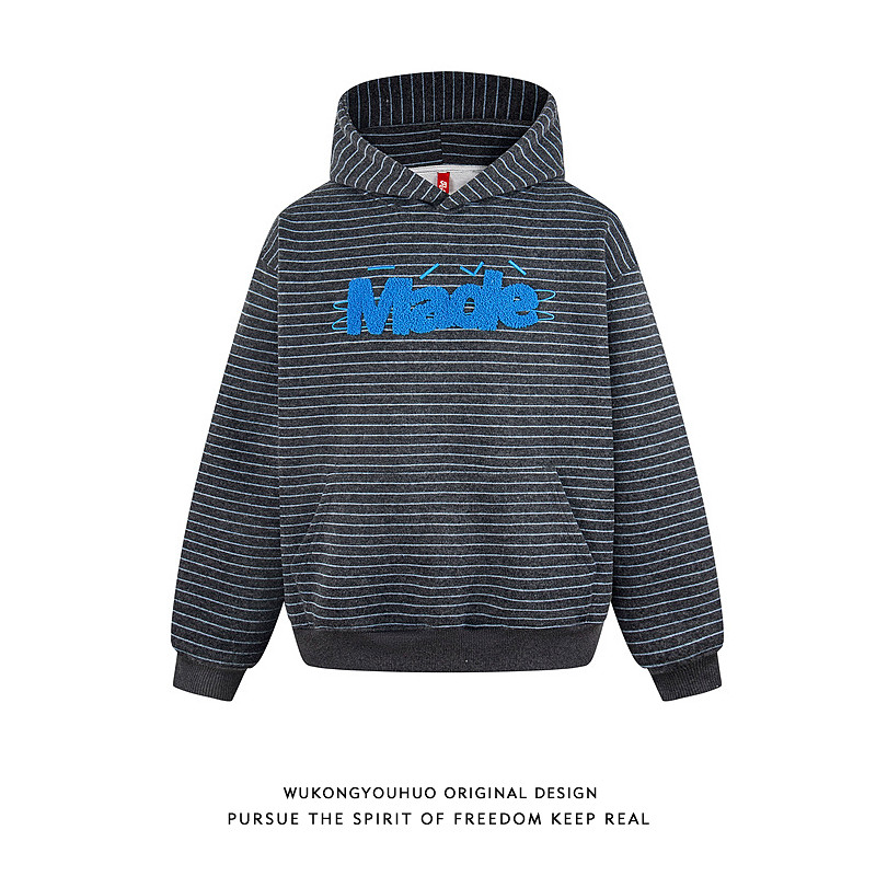 悟空有货美式复古毛巾绣条纹连帽卫衣男潮牌情侣宽松百搭帽衫外套