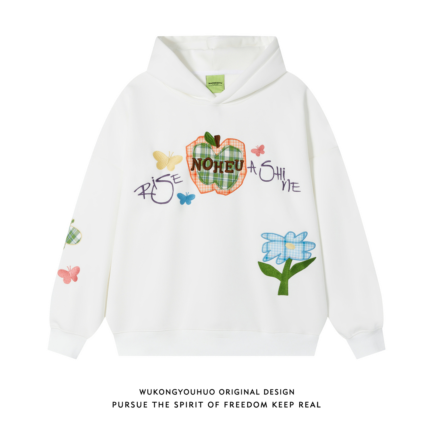 悟空有货潮牌花卉贴布连帽卫衣男女美式复古宽松情侣加绒套头帽衫