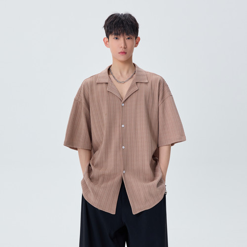 夏季老钱风肌理感古巴领短袖衬衫