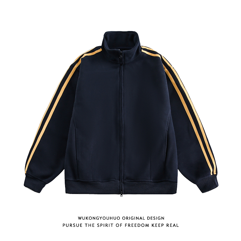 悟空有货秋季复古潮牌条纹立领运动外套男女宽松百搭情侣休闲夹克
