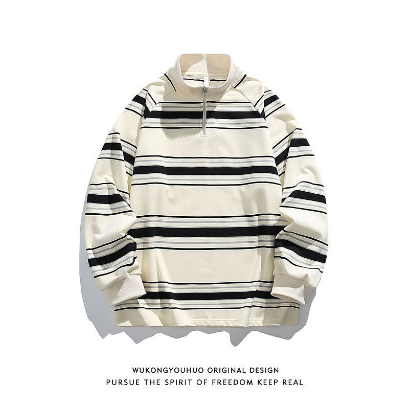 秋季复古撞色条纹半拉链长袖T恤