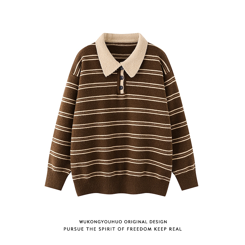 潮牌复古撞色条纹POLO衫毛衣男