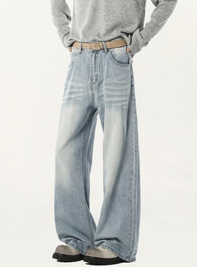 悟空有货cleanfit街头复古浅色牛仔裤男潮牌宽松休闲直筒拖地裤子