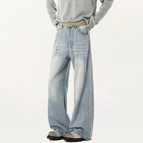 cleanfit街头复古浅色直筒牛仔裤