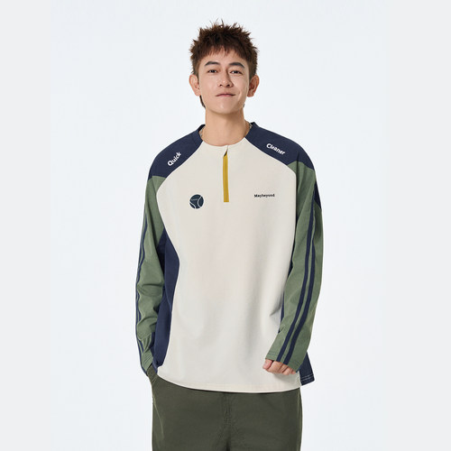 运动风撞色拼接半拉链长袖T恤男