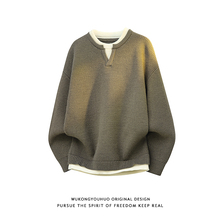 悟空有货日系复古假两件拼接圆领针织衫男女秋季情侣宽松休闲毛衣