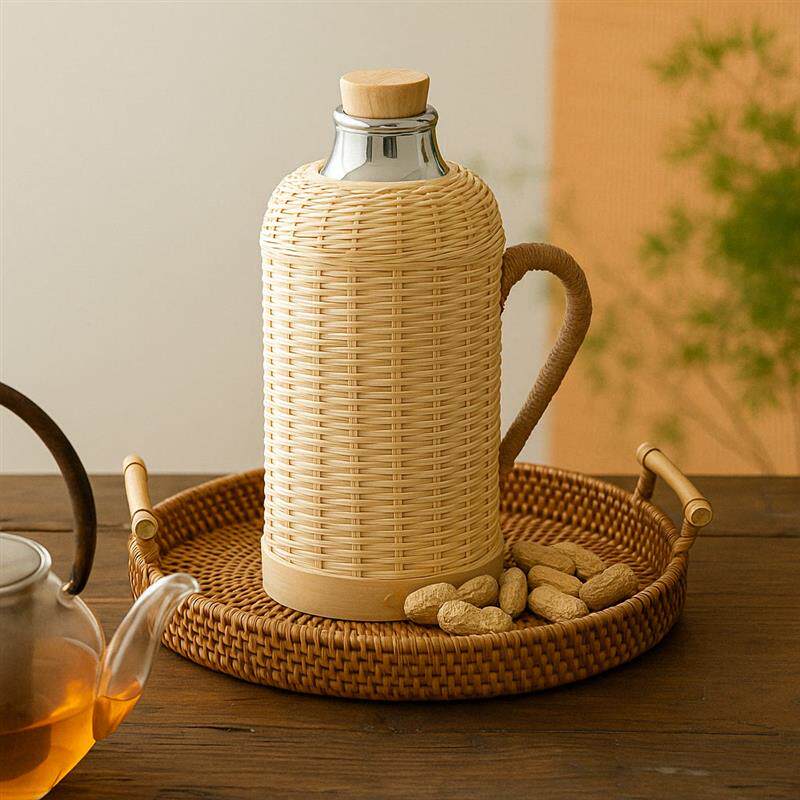 手工竹编复古文艺家用保温瓶保温壶玻璃内胆暖瓶热水瓶传统木塞