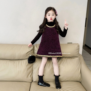 女童贵气紫色夹棉背心裙2025冬季新款小女孩千金香风连衣裙公主裙