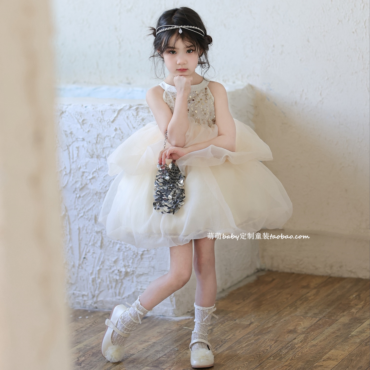 女童挂脖网纱亮片连衣裙