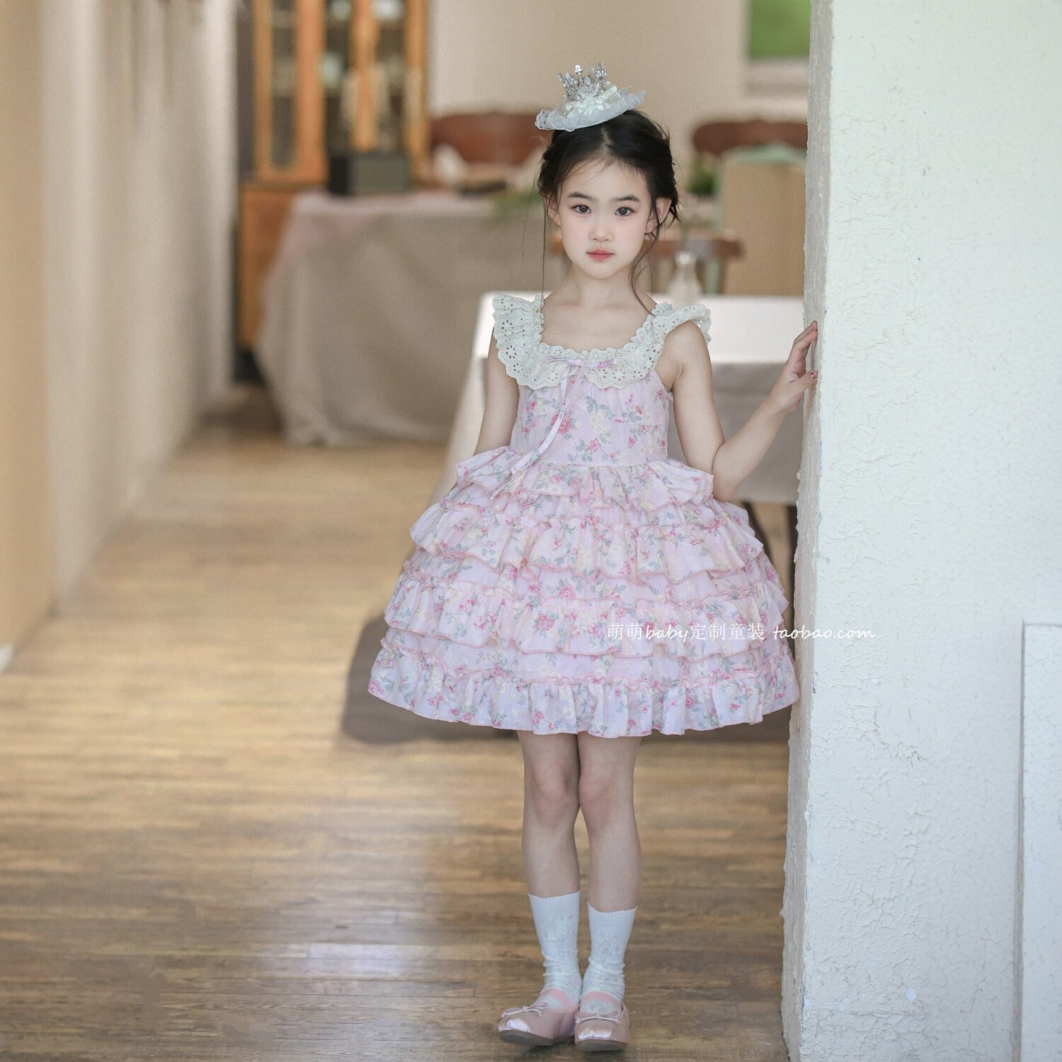 女童甜美粉色碎花连衣裙蛋糕裙2026夏季新款女孩小飞袖度假公主裙