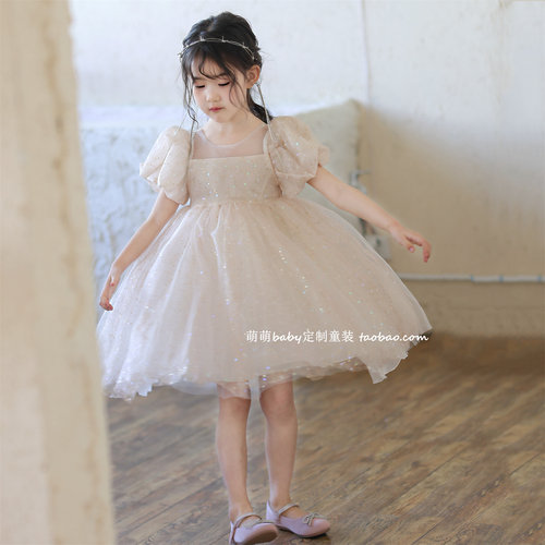 女童亮片闪闪网纱连衣裙泡泡袖公主裙2025夏季新款女孩生日礼服裙