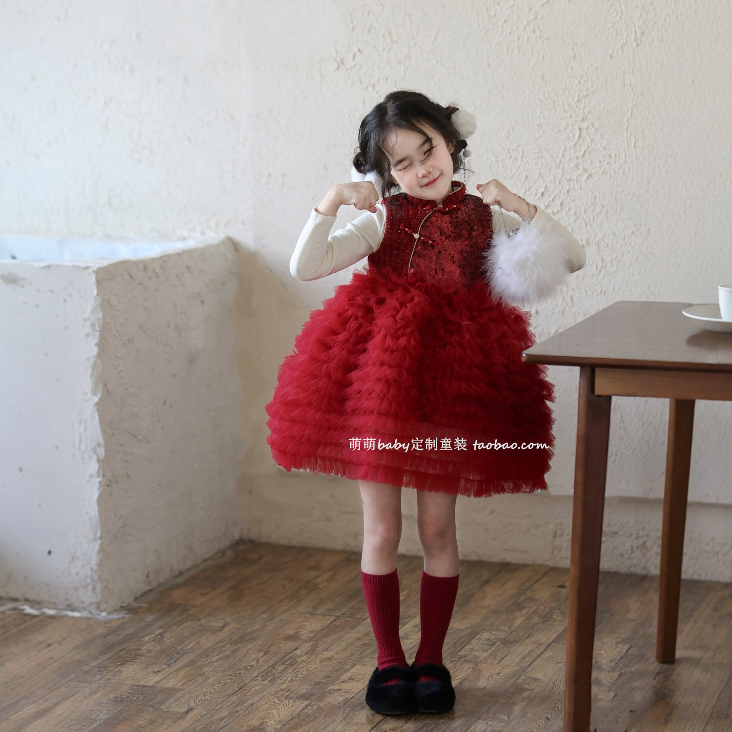 女童红色亮片网纱蛋糕裙加绒背心裙2025冬季女孩新中式公主连衣裙