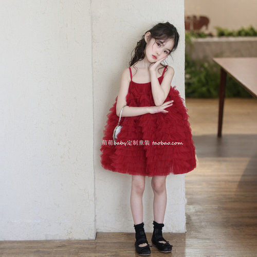 女童夏季红色网纱吊带蓬蓬礼服裙