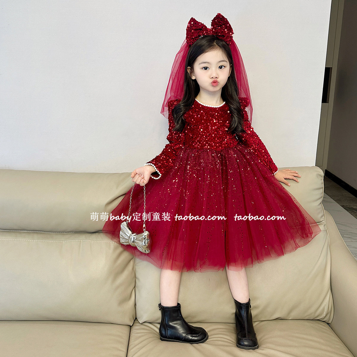 女童加绒红色亮片裙网纱公主裙新年拜年服2025冬款闪闪生日连衣裙