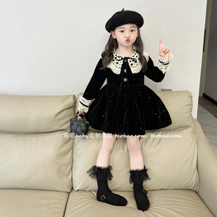 女童加绒闪闪丝绒连衣裙2025秋冬新款儿童宝宝韩版花边领气质裙子