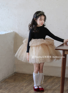 女童红色波点网上加绒蓬蓬连衣裙2025冬季新款女孩生日礼服公主裙