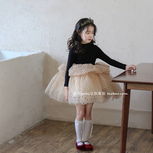 女童红色波点网上加绒蓬蓬连衣裙2025冬季新款女孩生日礼服公主裙