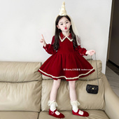 女童重工钉钻娃娃领红色丝绒新年裙加绒连衣裙2026女孩生日公主裙