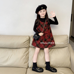 女童红格毛呢背心裙连衣裙2025秋冬新款小女孩韩版洋气甜美A字裙