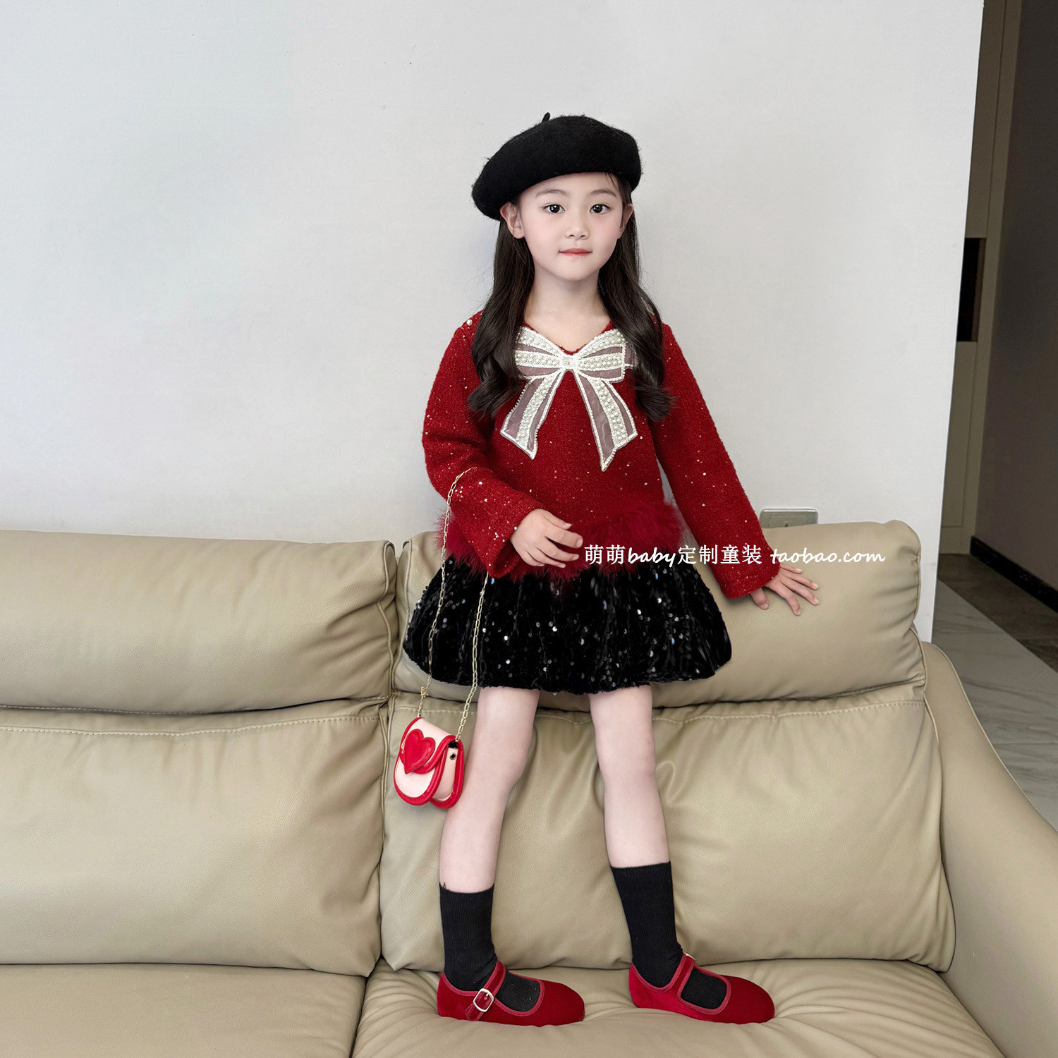 女童复古闪闪蝴蝶结加绒套装2025秋冬女孩甜美亮片半身裙毛呢上衣,童装/婴儿装/亲子装,套装,淘宝优惠券,粉丝福利购,淘宝优惠卷