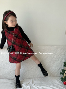 女童红色格子夹棉毛呢背心裙2024秋冬儿童万圣节圣诞连衣裙生日裙