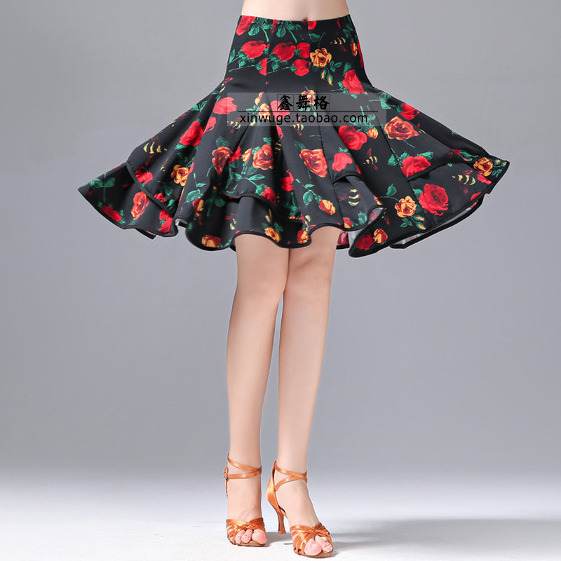 玫瑰花广场舞裙新款春夏女运动裙子吉特巴伦巴水兵舞裙水晶麻面料