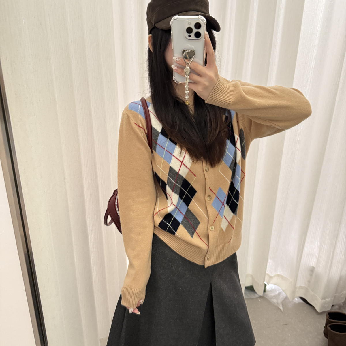 Kk.eleven-格纹针织开衫宽松长袖保暖毛衣（含100羊毛）