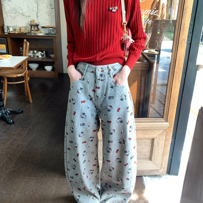 FEIMAO（YIMAO）-冬款新款满印卡通KT加绒直筒牛仔裤