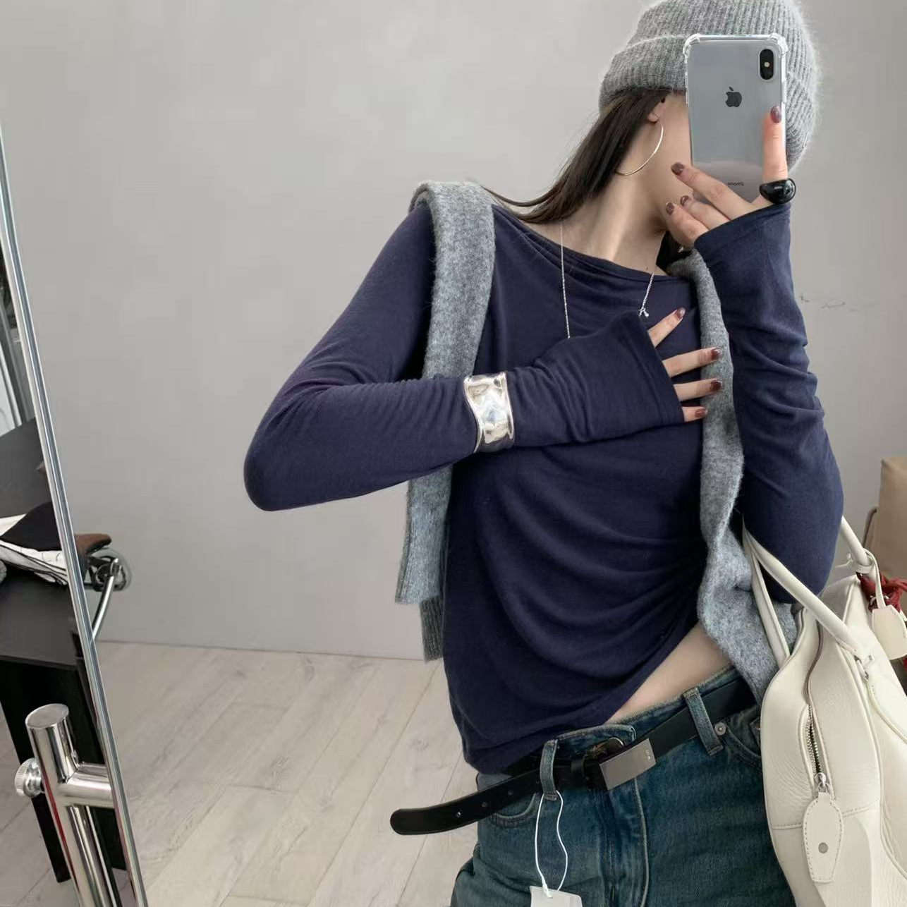 LACHER露背两穿修身弹力打底衫显瘦长袖女