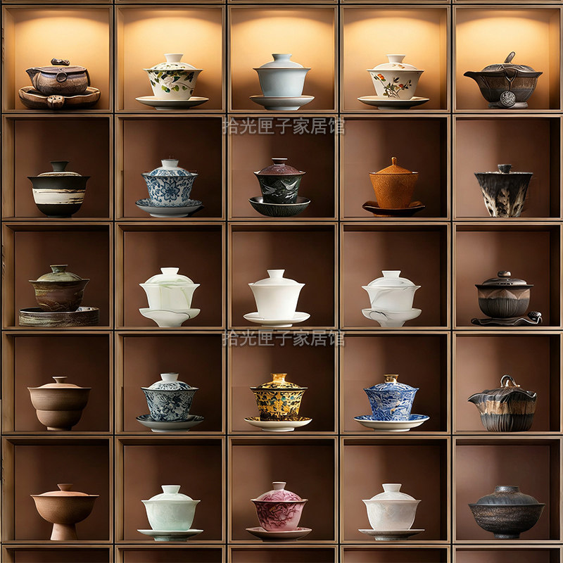 中式陶瓷功夫茶具盖碗茶杯摆件