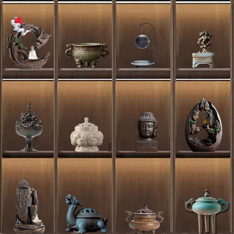 新中式茶室博古架复古香炉茶道摆件创意树脂香薰炉居家香道配件
