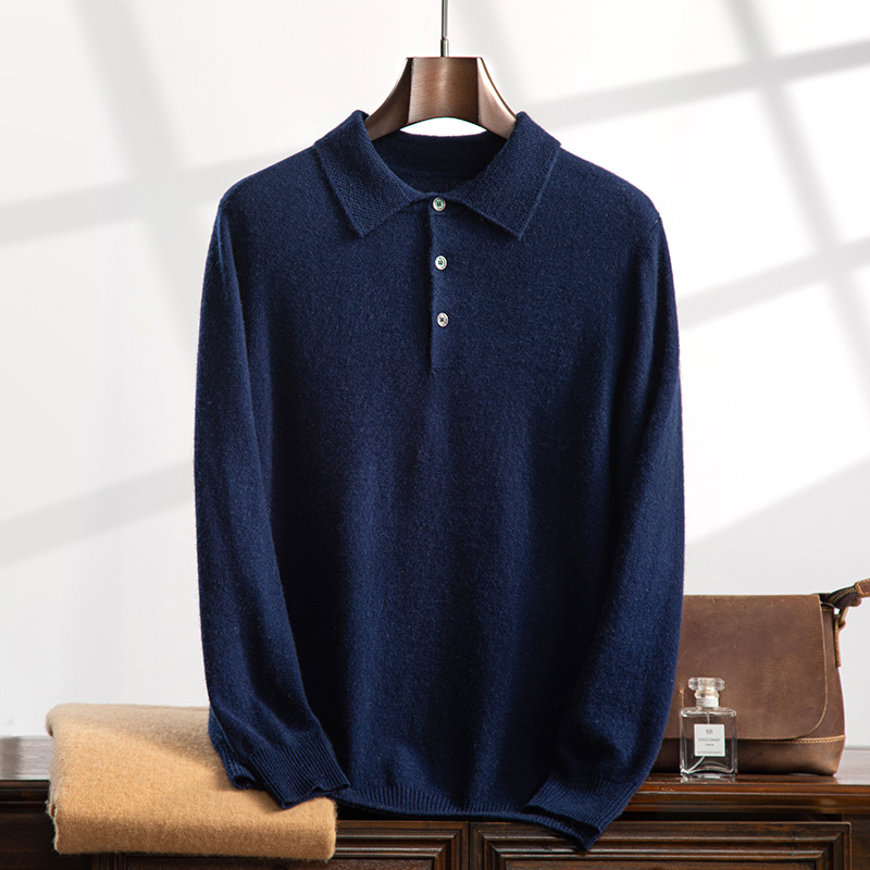 2024秋冬新款35%山羊绒男士套头平面POLO领羊绒衫