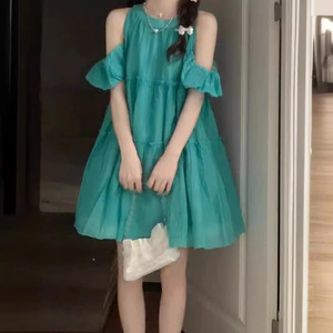 甜美蓝绿色挂脖式连衣裙女夏季新款显白茶歇超仙小个子公主短裙子