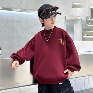 儿童春秋卫衣男童秋衣外穿宽松中童长袖t恤男孩女童薄款红色衣服
