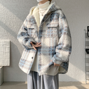 以羊羔毛呢外套男冬季加绒加厚连帽棉衣男款小香风格子防寒棉服純