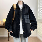 夹克外套宽松2026春季 以美式 潮牌男士 潮流拼接提花休闲牛仔衣服純