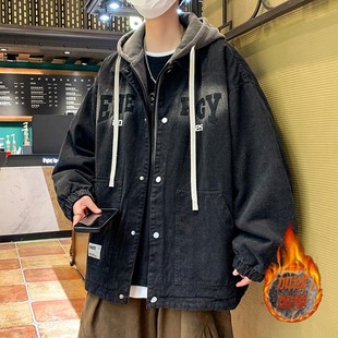 以青少年牛仔外套男款初高中学生帅气2025冬装大童加绒加厚夹克純