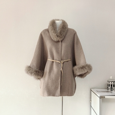 双面羊绒大衣女2025秋冬新款中长款高级感斗篷狐狸毛领羊毛呢外套