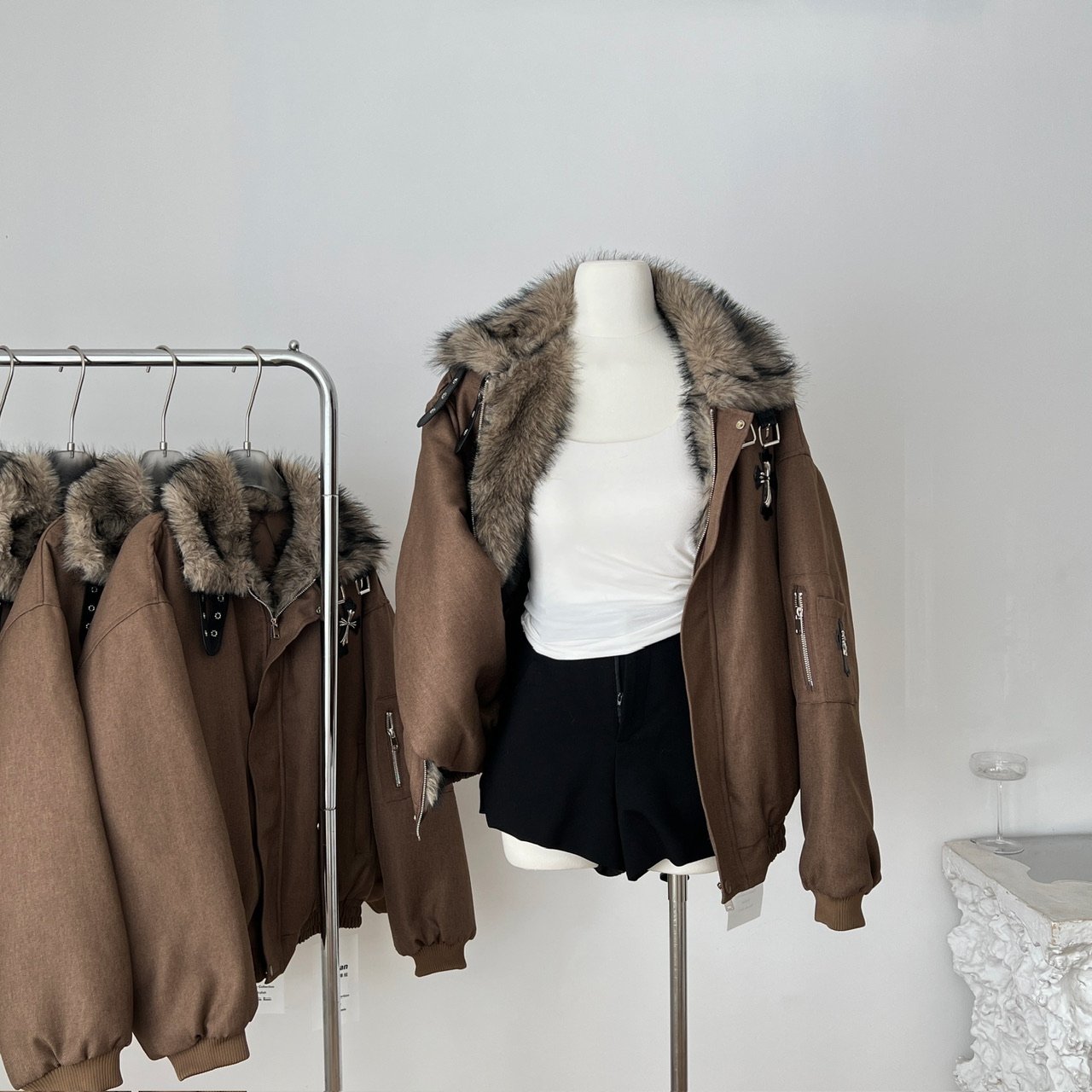 FXOP美式十字架座山雕夹棉毛领外套女宽松设计感加厚飞行棉衣棉服