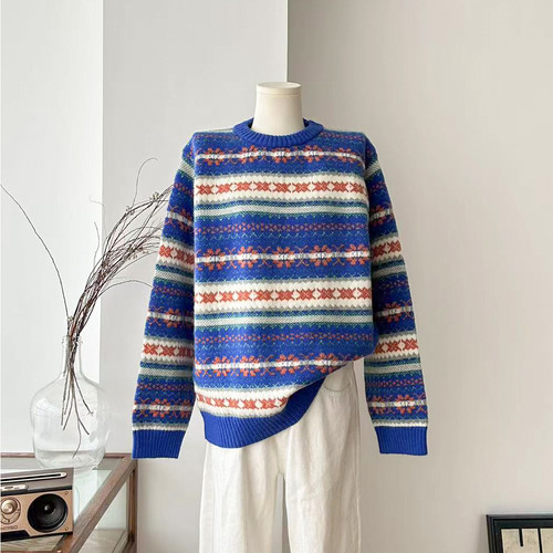 韩国 sienne秋冬新款复古气质圆领显瘦提花针织毛衣女